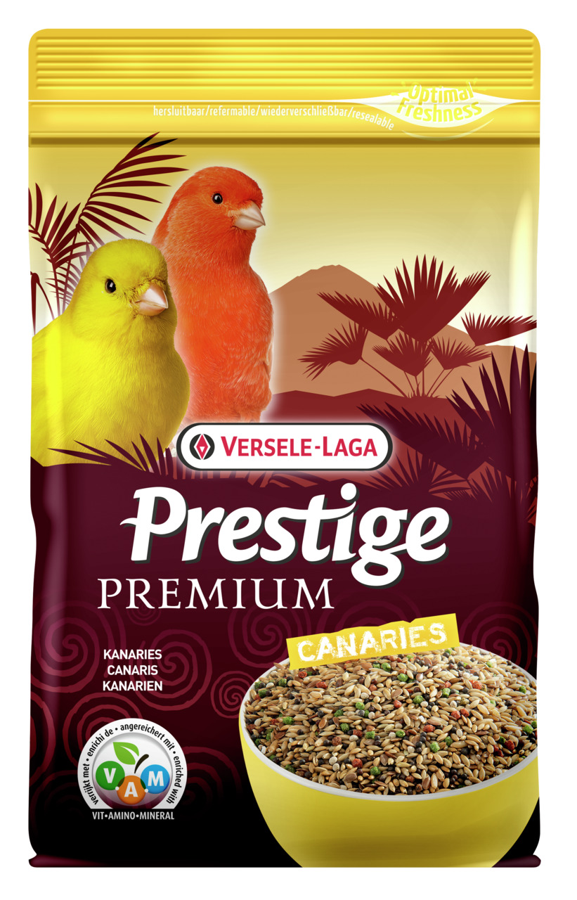 Versele-Laga Prestige Premium Kanarienfutter: Hochwertiges Vogelfutter für Kanarien, mit Samen, VAM, wiederverschließbar.