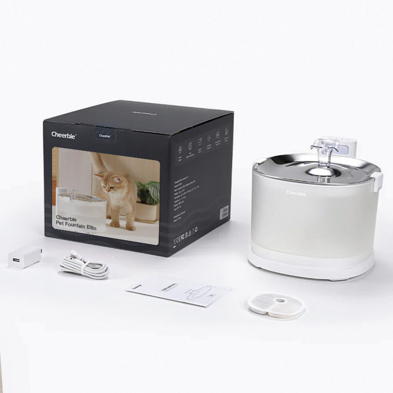 Cheerble Pet Fountain Elfin: Trinkbrunnen f. Katzen-kl. Hunde, Weiß-Edelstahl, inkl. USB-Kabel, Filter, Anleitung, frisches Wasser.