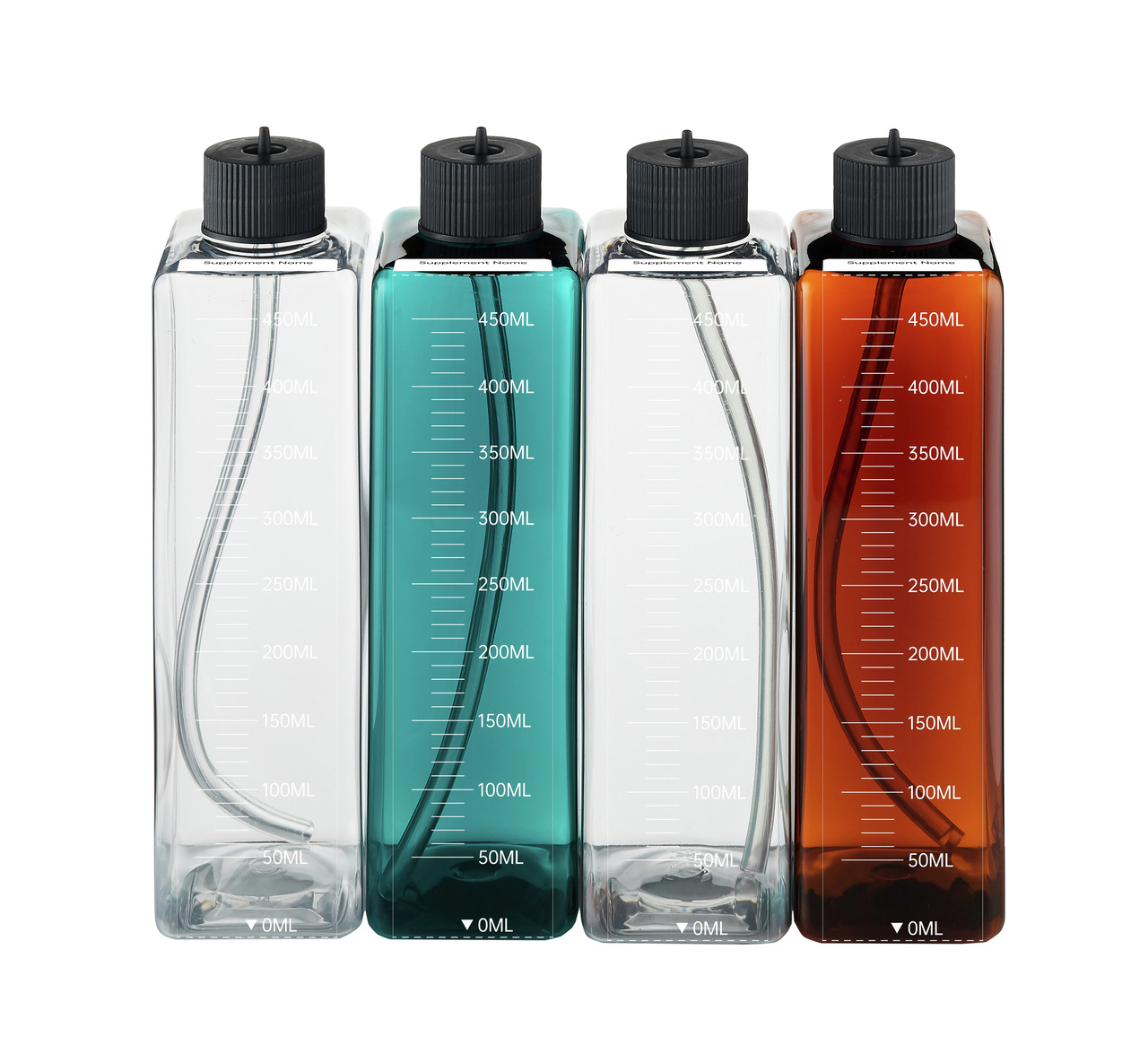 Chihiros Dosierflaschen (450 ml), klar/türkis/grau/braun, mit Skala & Schlauch, ideal f. Aquaristik, präzise Dosierung v. Nährstoffen.