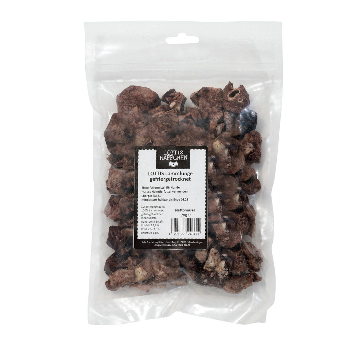 LOTTIS HÄPPCHEN Lamm-Lunge, Einzelfuttermittel für Hunde, 70 g, gefriergetrocknet, ideal für Hundebesitzer.