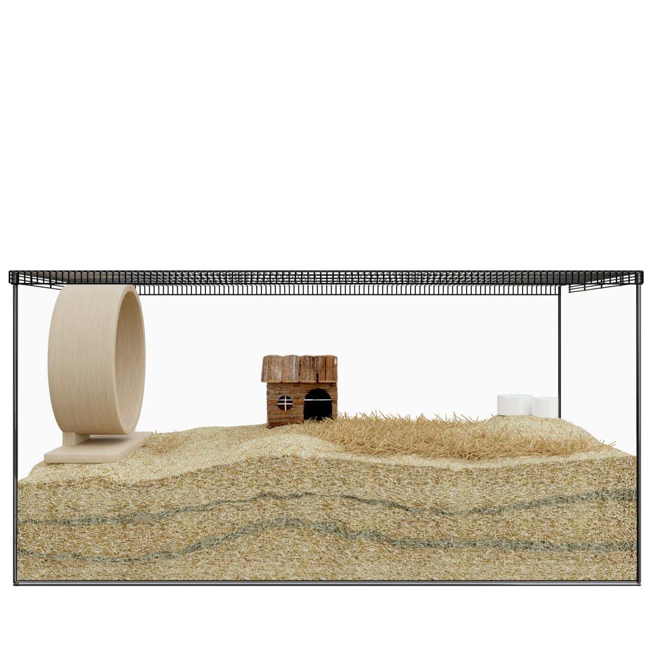 Das Bild zeigt ein hochwertiges Nager-Terrarium der Marke Allpets, geeignet für Kleintiere wie Hamster oder Mäuse. Es enthält eine großzügige Einstreu-Schicht, ein großes Holzlaufrad, ein kleines Holzhaus mit Fenstern und Tür sowie zwei weiße Futternäpfe.