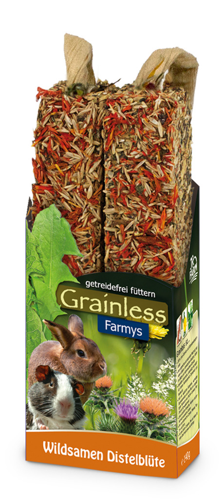 JR FARM Grainless Farmys Wildsamen Distelblüte: Snack f. Kaninchen-Meerschweinchen, getreidefrei, 140 g, 2 Sticks m. Juteband.