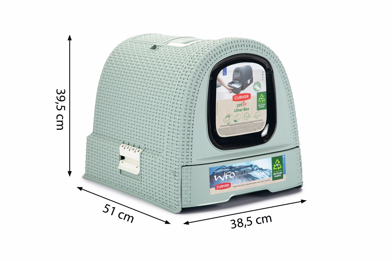 Das Bild zeigt die Curver Katzentoilette „Petlife Litter Box“ in einem modernen, geflochtenen Design aus recyceltem Kunststoff. Sie ist ideal für Katzenbesitzer, die Wert auf Nachhaltigkeit legen. Die Maße betragen 51 cm x 38,5 cm x 39,5 cm. Die Toilette 