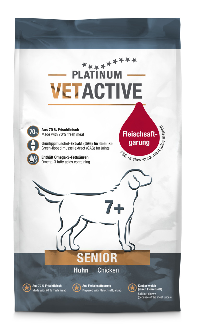 PLATINUM VETACTIVE Senior Huhn, für Hunde ab 7 J., 70 % Frischfleisch, Grünlippmuschel, Fleischsaftgarung, 1,5 kg.