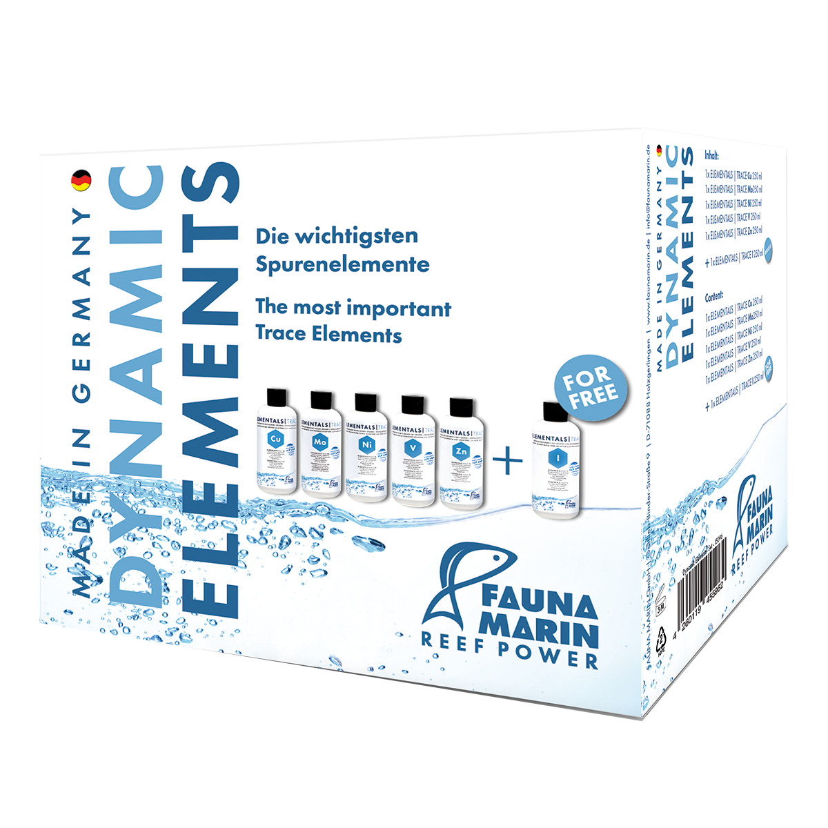 Fauna Marin Dynamic Elements: Set für Meerwasseraquarien, Spurenelemente (Ca, Mo, Ni, V, Zn) + gratis Jod, Made in Germany.
