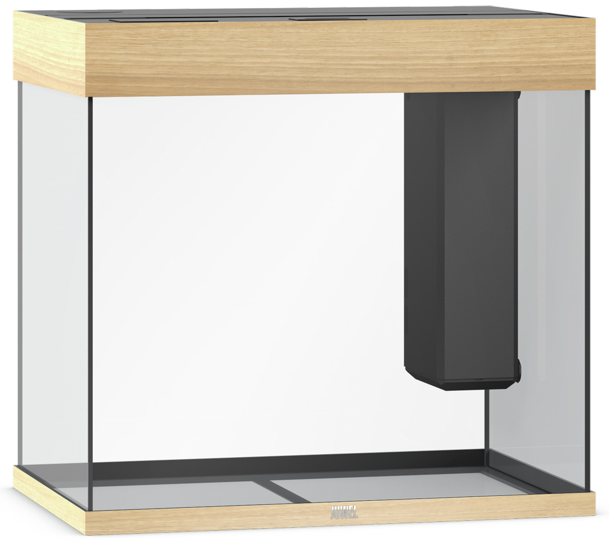 Das Bild zeigt ein JUWEL Aquarium mit der EAN 4022573118506. Es handelt sich um ein modernes Aquarium mit rechteckigem Design, klaren Glaswänden und einem Holzrahmen in heller Eichenoptik. Im Inneren ist ein schwarzes Filtersystem integriert. Ideal für Aq