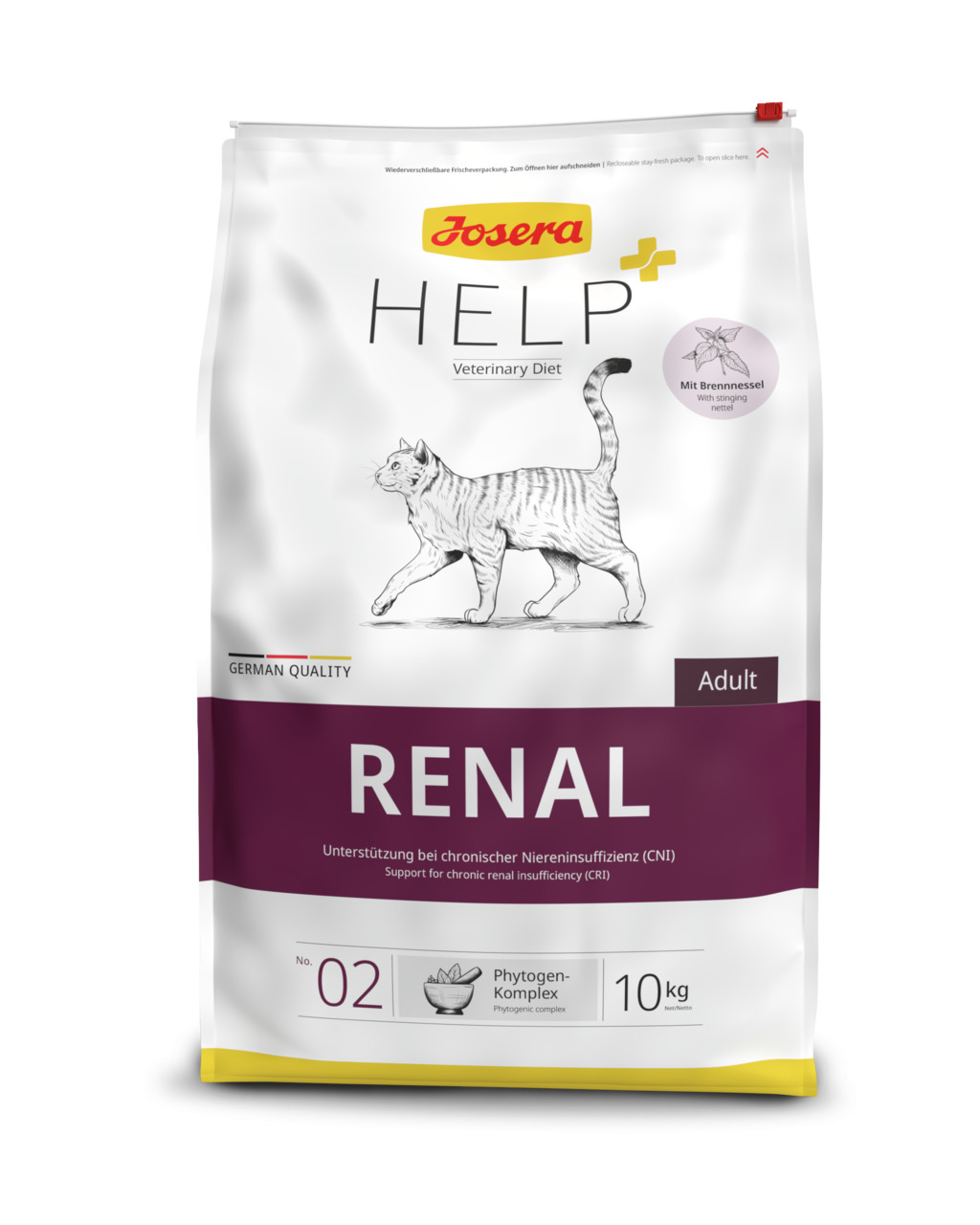 Josera Help Renal, 10 kg, Trockenfutter f. Katzen m. CNI, Phytogen-Komplex m. Brennnessel, weiß-violette Verpackung.