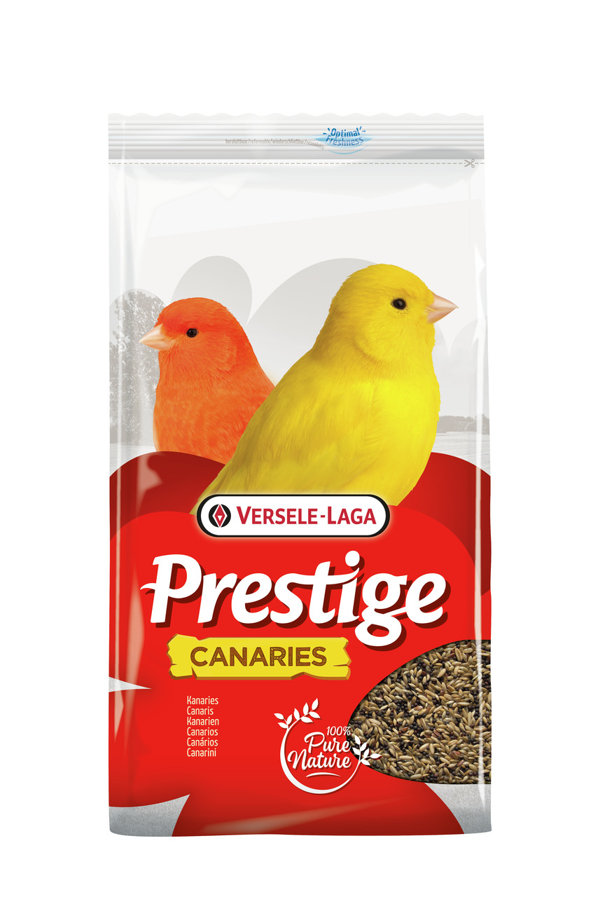 Versele-Laga Prestige Canaries, Vogelfutter f. Kanarienvögel, 100 % nat. Zutaten, 1 kg, mit 2 Kanarienvögeln (Gelb/Orange) auf d. Packung.