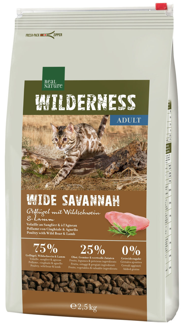 REAL NATURE WILDERNESS Wide Savannah, Katzenfutter für ausgewachsene Katzen, Geflügel-Wildschwein-Lamm, 2,5 kg, 0 % Getreide.