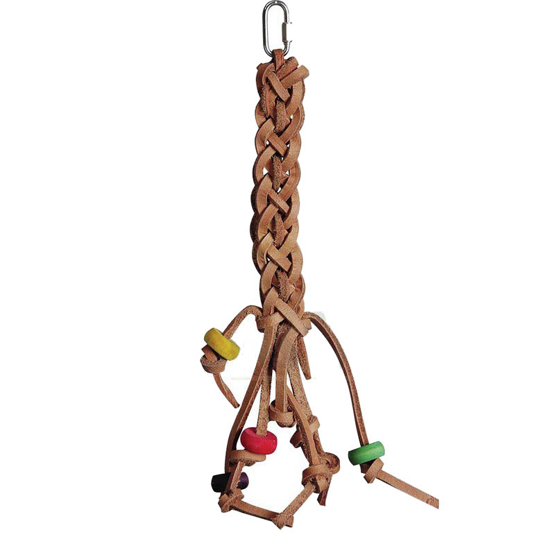 Ollesch Vogelspielzeug aus Leder, für Papageien & Vögel, mit Holzperlen & Lederstreifen, Metallhaken, fördert Spieltrieb.