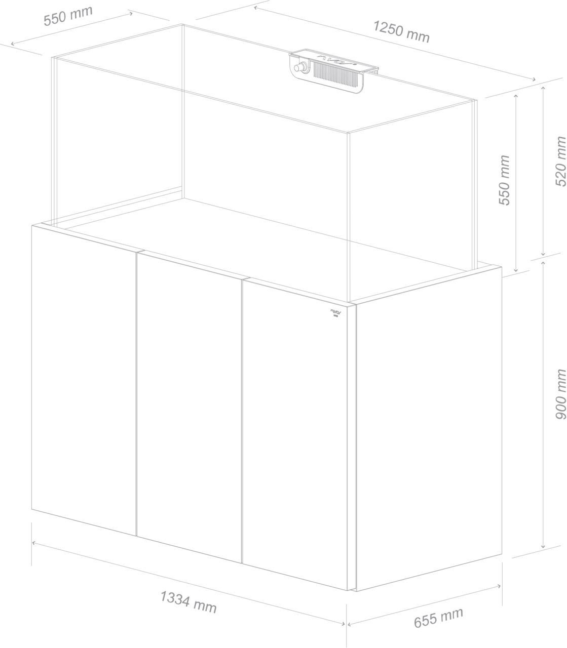 Nyos Aquarienschrank, 1334x655x900 mm, für Aquarien 1250x550x550 mm, präzise Maßangaben.