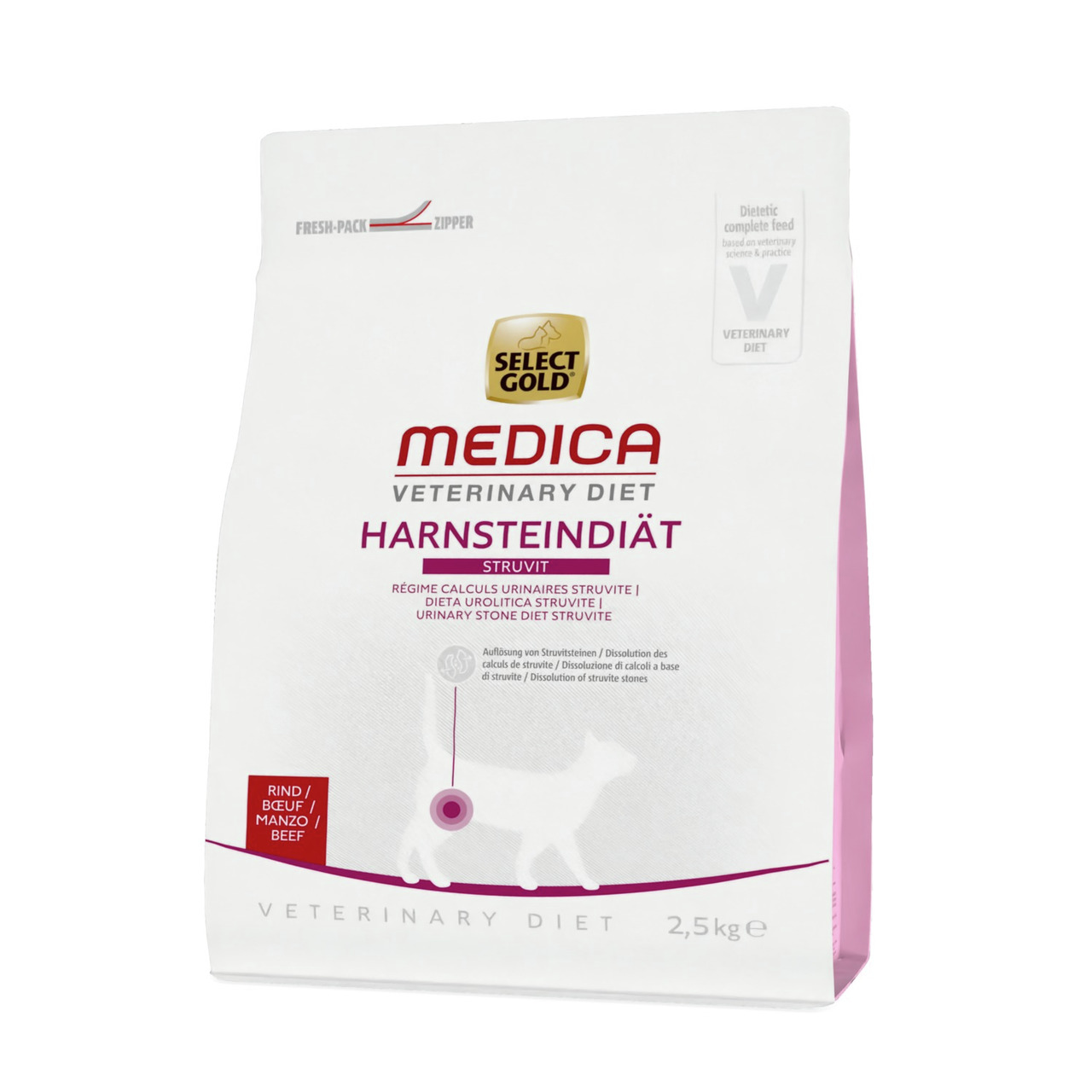 Select Gold Medica Vet. Diet Harnsteindiät Struvit für Hunde, Rind, 2,5 kg, löst Struvitsteine, mit Fresh-Pack-Zipper.
