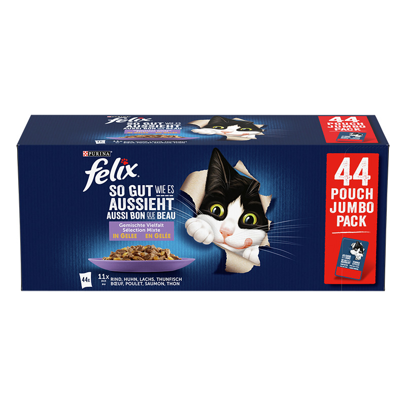 Purina Felix „So gut wie es aussieht“, Jumbo-Pack 44 Beutel, Gelee, Rind/Huhn/Lachs/Thunfisch, für ausgewachsene Katzen.