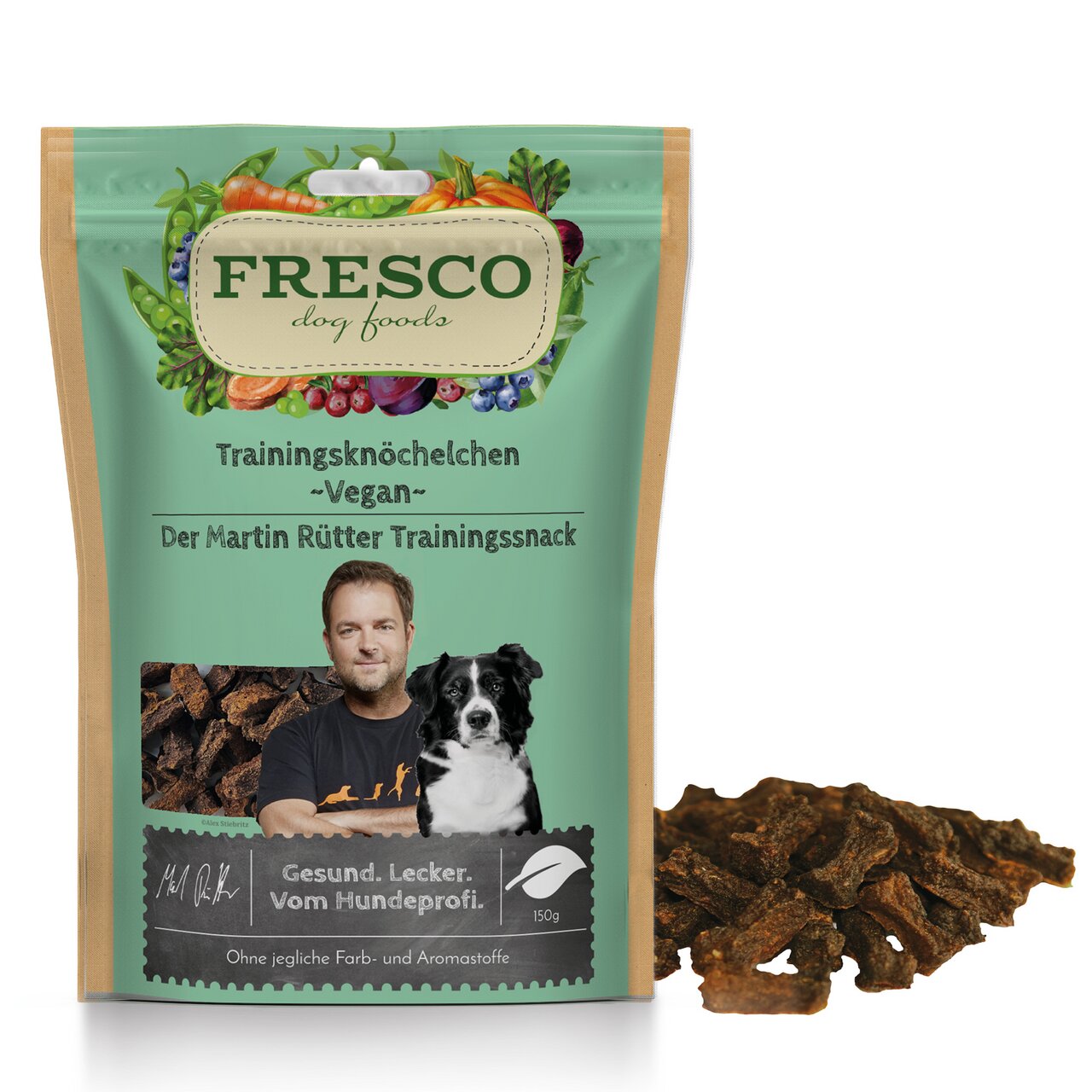 Fresco Trainingsknöchelchen Vegan für Hunde, Martin Rütter Trainingssnack, 150 g, ohne Farb- und Aromastoffe.