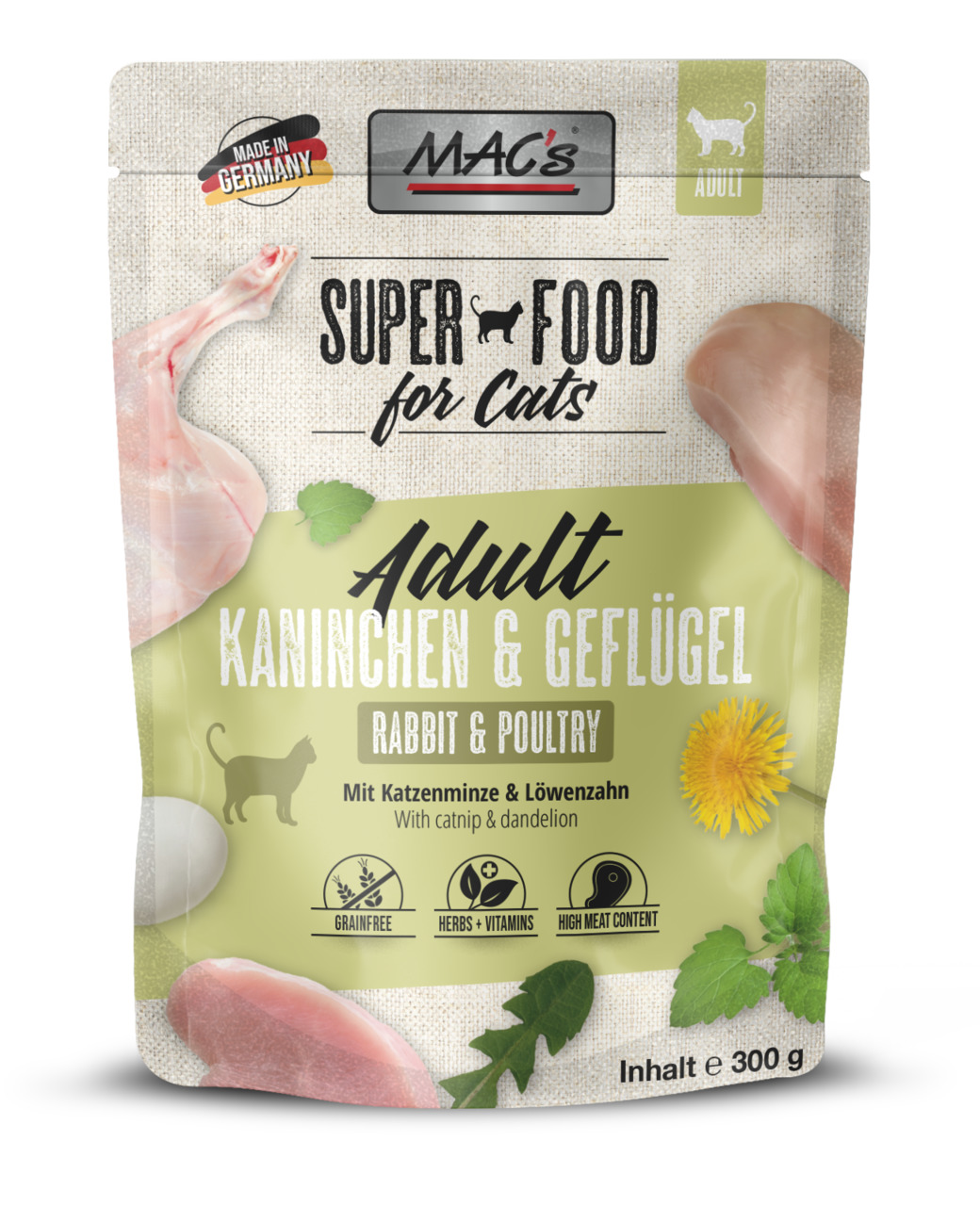 MAC's Superfood Cats Adult, Kaninchen & Geflügel, für ausgew. Katzen, getreidefrei, mit Kräutern & Vitaminen, 300 g.