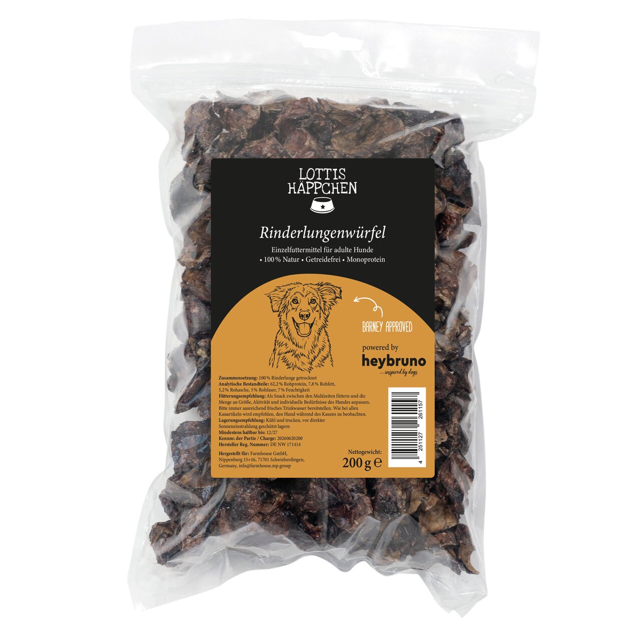 Lottis Häppchen Rinderlungenwürfel für adulte Hunde, Geschmack Rind, 100% Natur, getreidefrei, Monoprotein, 200 g