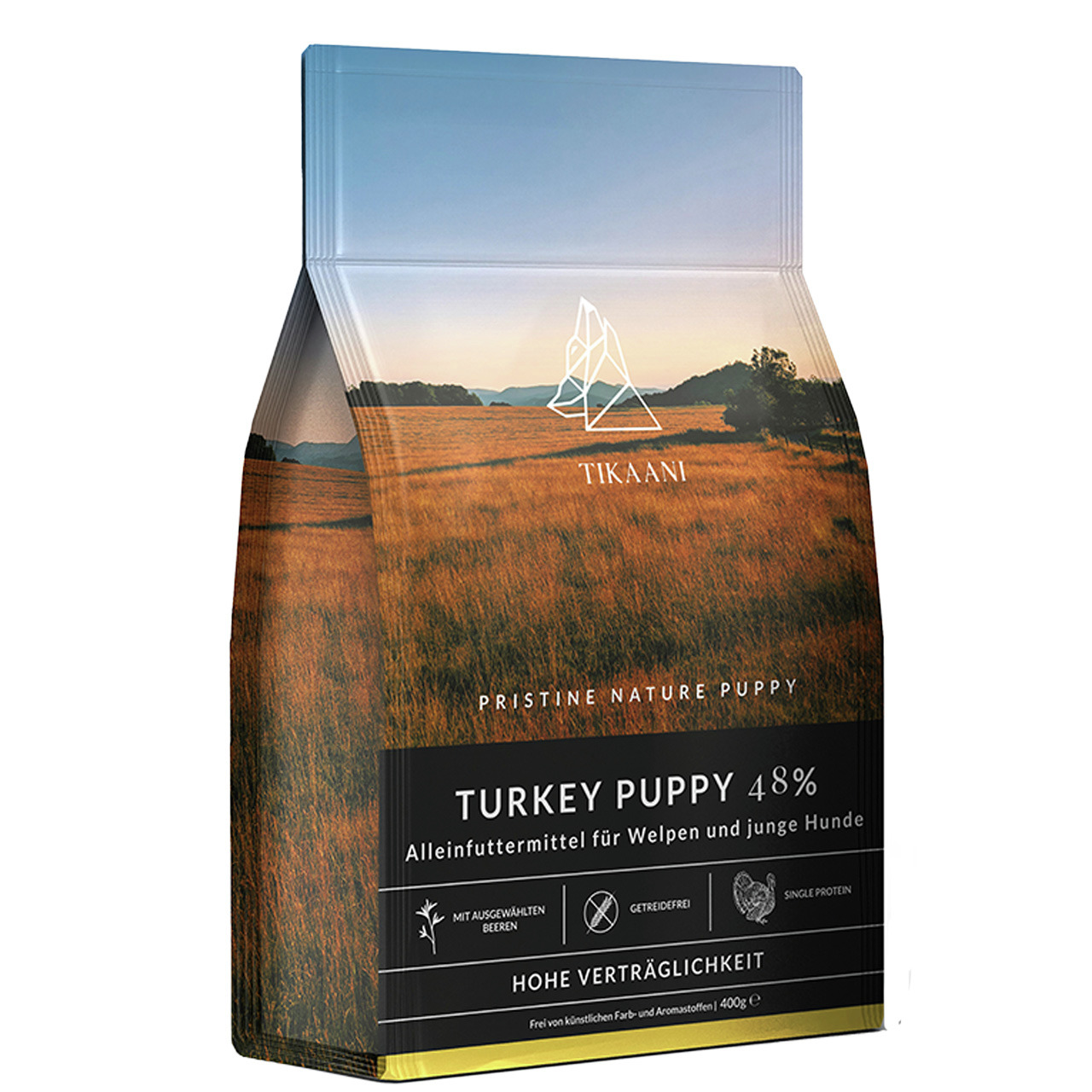 TIKAANI Pristine Nature Puppy Turkey 48%, Alleinfutter f. Welpen, Truthahn, getreidefrei, mit Beeren, 400 g.