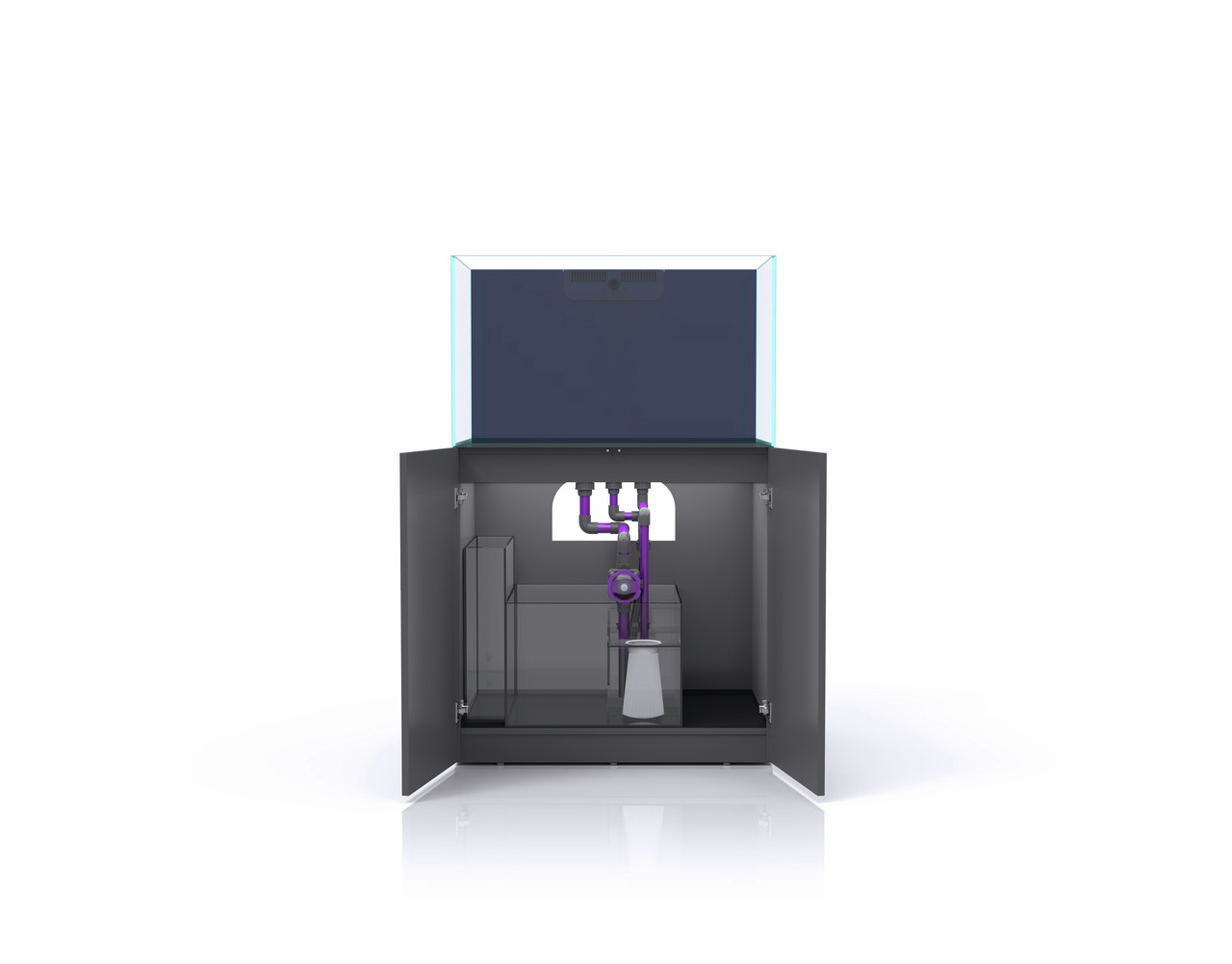 Das Bild zeigt das Nyos Opus 300 Aquarium-System, ein hochwertiges Komplettaquarium für Meerwasserliebhaber. Es richtet sich an Aquaristik-Enthusiasten und bietet ein modernes Design mit einem schwarzen Unterschrank. Sichtbar ist die integrierte Technik i