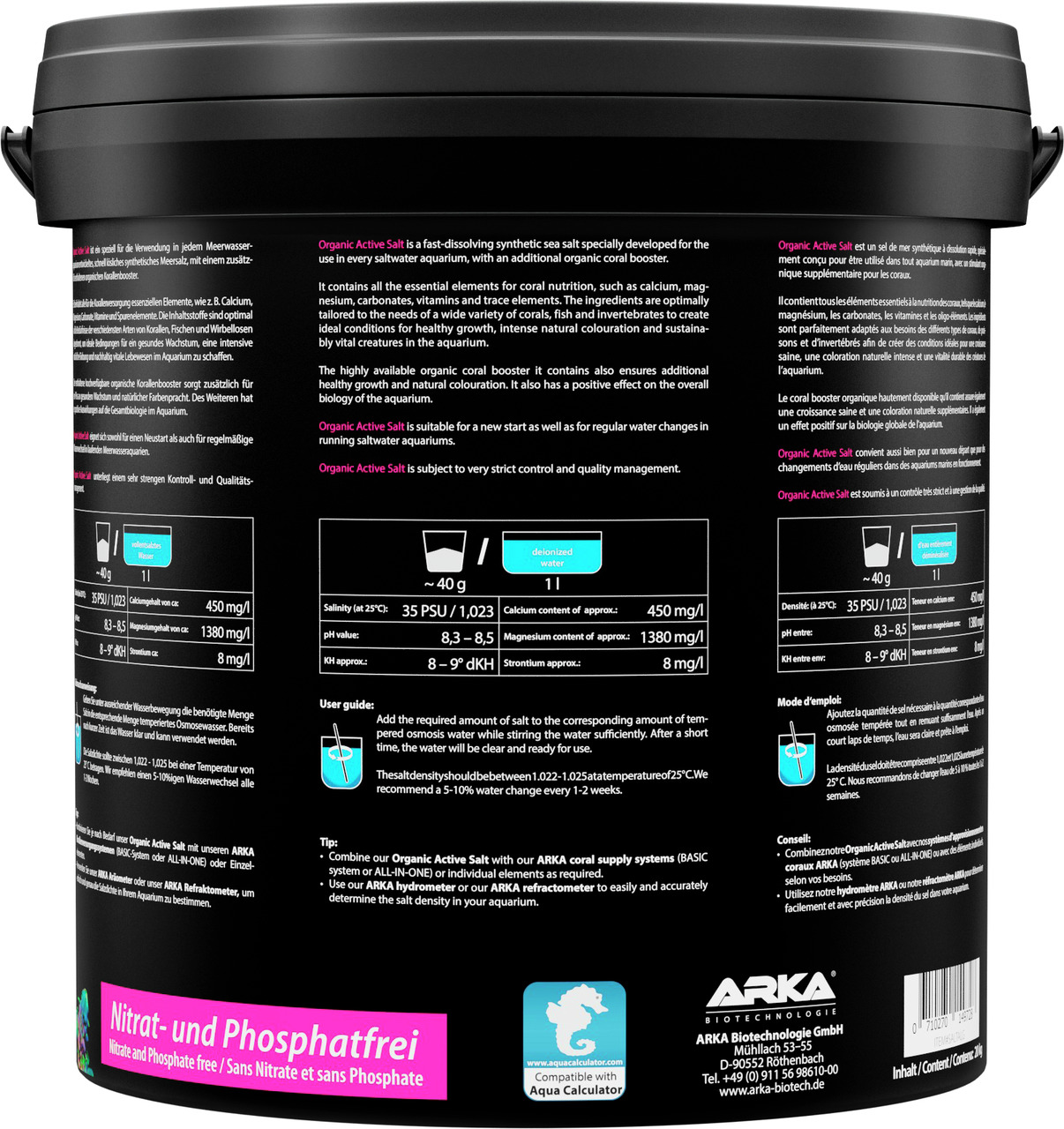 ARKA Organic Active Salt, Meersalz für Meerwasseraquarien, nitrat--phosphatfrei, mit Kohlenstoff-Booster, 1 kg.