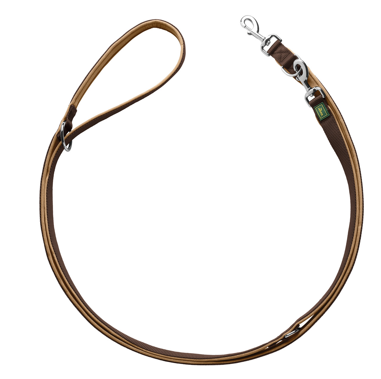 Braune Hundeleine von HUNTER, Modell "Freestyle", geeignet für Hunde aller Größen. Die Leine besteht aus robustem Nylon mit weicher Polsterung und ist verstellbar. Sie verfügt über stabile Metallkarabiner und ist ideal für Spaziergänge. Länge und Details 