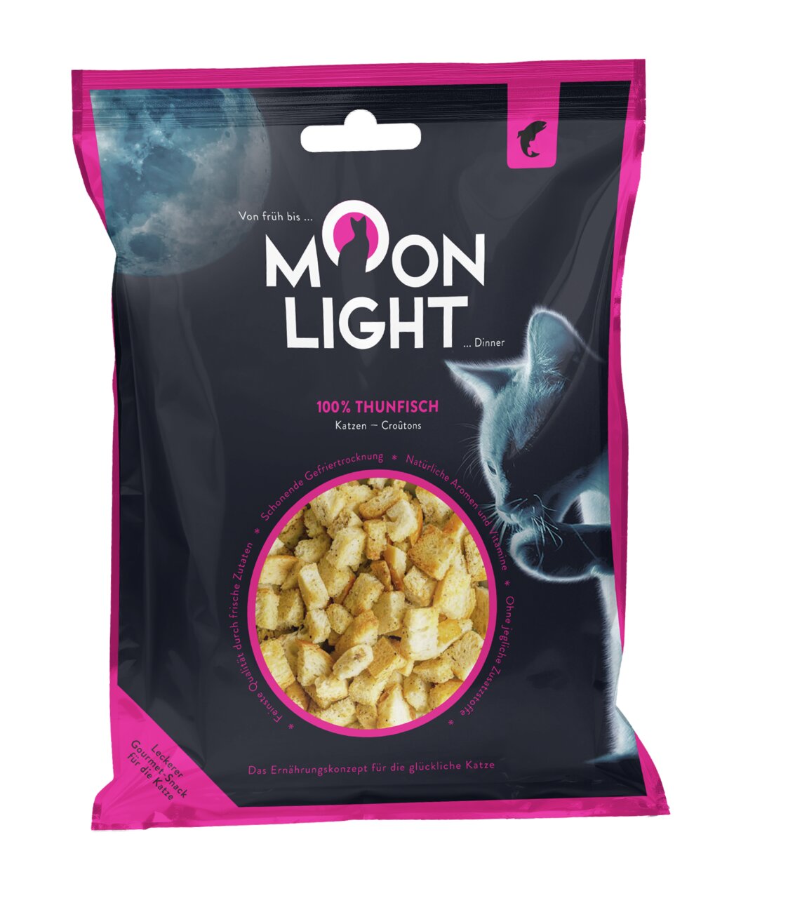 Moonlight Dinner Katzenfutter, 100 % Thunfisch, gefriergetrocknet, ohne künstl. Zusätze, Zielgruppe: Katzen, Slogan: „Von früh bis Moonlight“.