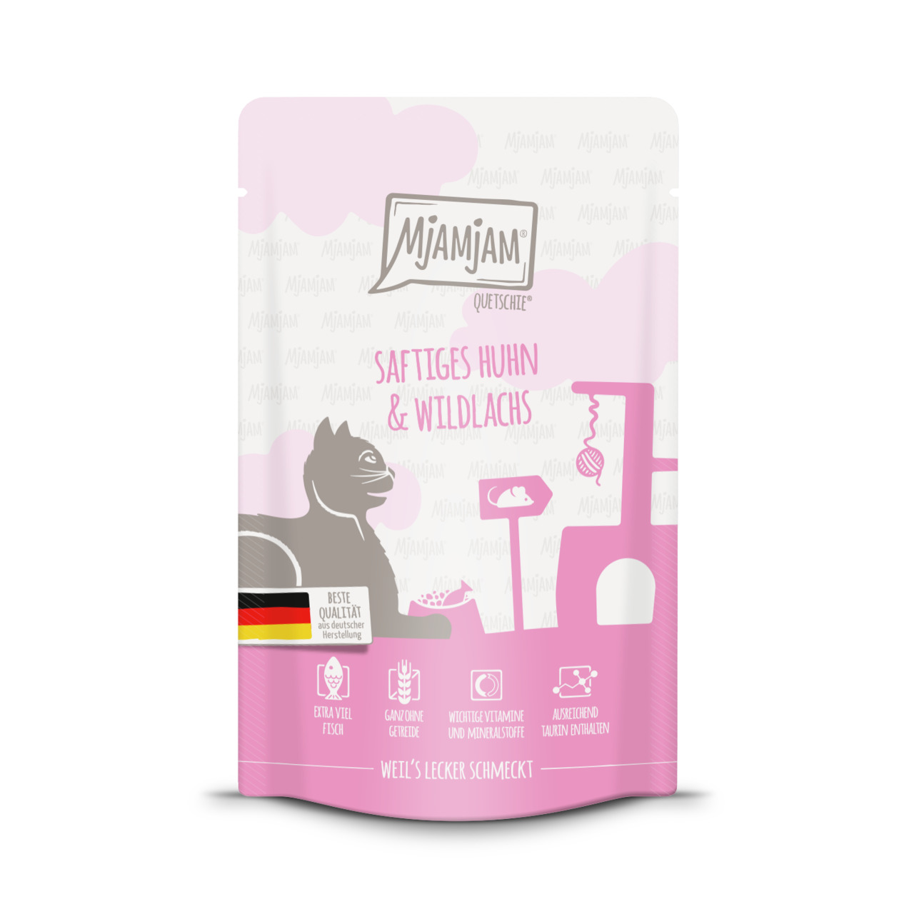 MJAMJAM Saftiges Huhn & Wildlachs, Katzenfutter, Huhn & Lachs, „Beste Qualität“, „getreidefrei“, „extra viel Fisch“, Vitamine.