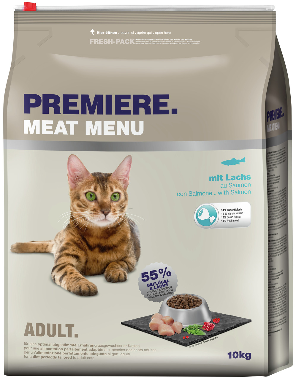 PREMIERE Meat Menu Katzenfutter, 10 kg, für ausgewachsene Katzen, Lachs & Geflügel, 55 % Fleisch (14 % Frischfleisch), Trockenfutter.