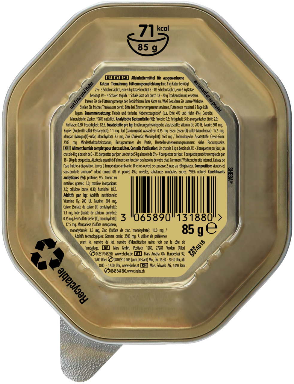 Sheba Fine Filets, Katzenfutter für ausgewachsene Katzen, Fleisch, 85 g, 71 kcal-Portion, Alleinfutter, recycelbare Verpackung.
