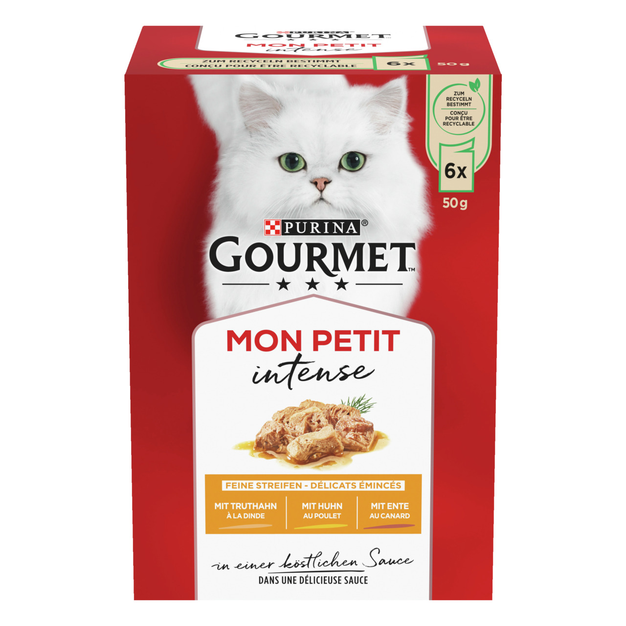 Purina GOURMET Mon Petit Intense Katzenfutter, 6x50g, Truthahn-Huhn-Ente in Sauce, rote Verpackung mit weißem Katzenmotiv.