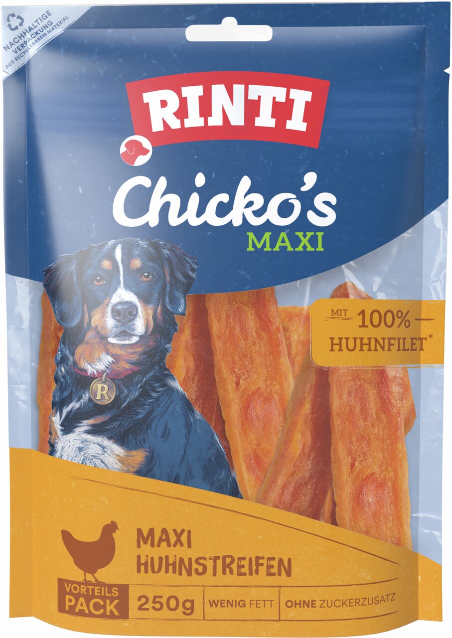 RINTI Chicko’s Maxi für Hunde: 250 g Huhnstreifen aus 100 % Hühnerfilet, fettarm, ohne Zucker, nachhaltig. Snack-Belohnung.