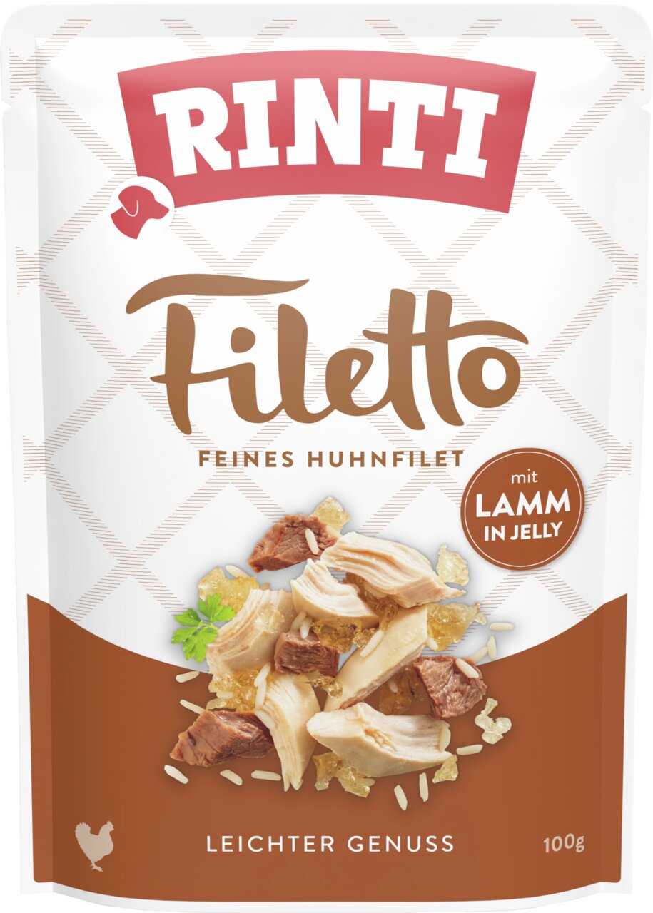 RINTI Filetto Feines Huhnfilet mit Lamm in Jelly, für Hunde. Leichter Genuss, 100 g Pouch. Reines Fleisch für echte Liebhaber.