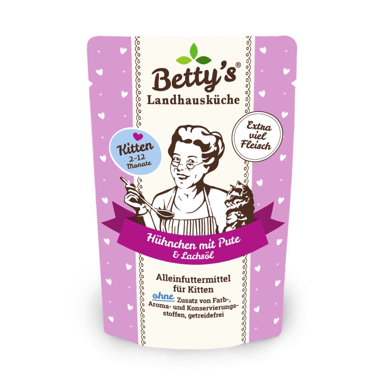 Betty’s Landhausküche Kitten Nassfutter Hühnchen mit Pute und Lachsöl, für Kitten 2–12 Monate, extra viel Fleisch, getreidefrei