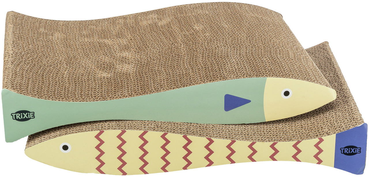 Zwei Kratzbretter der Marke TRIXIE in Fischform, aus Wellpappe gefertigt, ideal für Katzen. Zielgruppe: Katzenhalter. Die Bretter sind bunt gestaltet, mit grünem und gelbem Fischdesign. Perfekt zur Krallenpflege und Beschäftigung. Maße und Menge: Zwei Stü