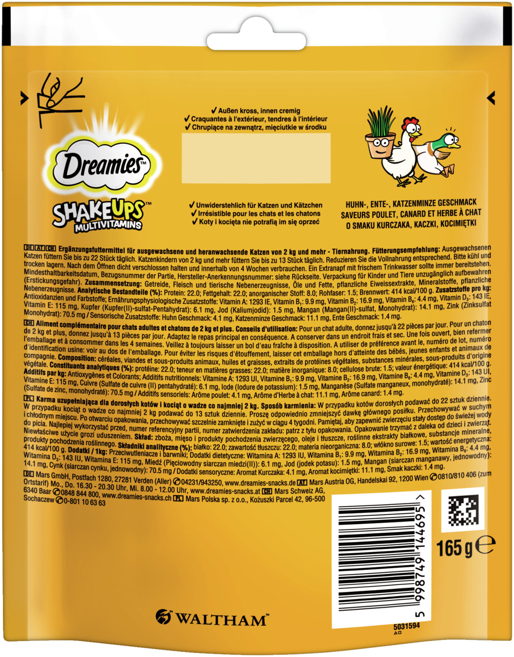 Dreamies Shakeups Multivitamins, Katzen ab 2 kg, Huhn/Ente/Katzenminze, 165 g, knusprig außen, cremig innen.