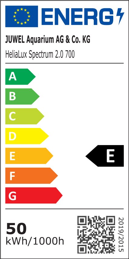 EU-Energielabel für JUWEL HeliaLux Spectrum 2.0 700, Energieeffizienzklasse E, Stromverbrauch 50 kWh-1000h.