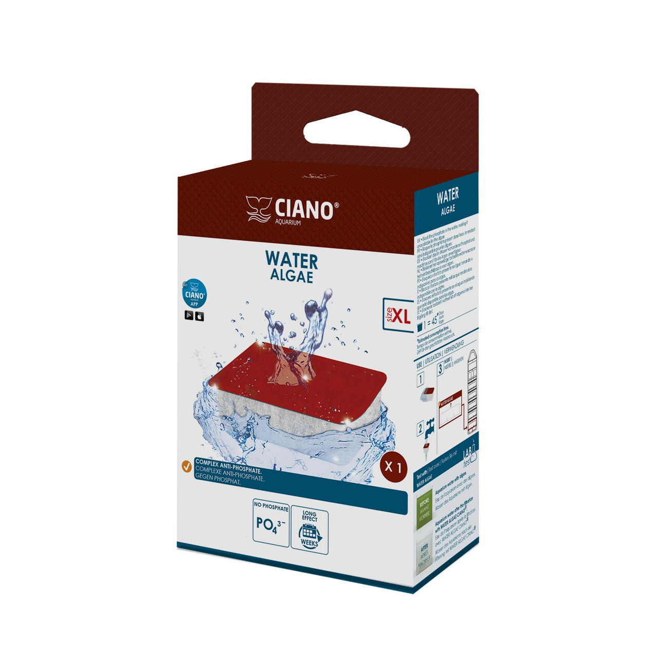 Das Bild zeigt das Produkt „Ciano Water Algae XL“, ein Zubehör für Aquarien. Es handelt sich um einen Anti-Phosphat-Filter, der Algenwachstum reduziert. Zielgruppe sind Aquarienbesitzer. Die Verpackung zeigt eine rote Filtereinheit und verspricht eine lan
