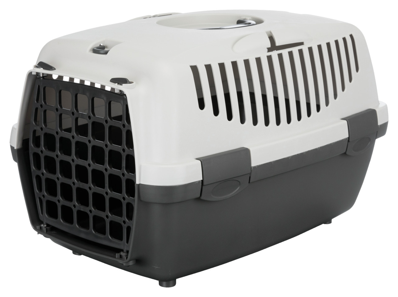 Das Bild zeigt die TRIXIE Transportbox Capri, eine robuste und praktische Transportbox für Haustiere, insbesondere Katzen und kleine Hunde. Die Box ist in den Farben Weiß und Dunkelgrau gestaltet und verfügt über eine gut belüftete Konstruktion mit seitli