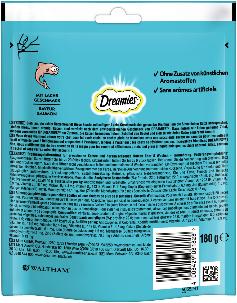 Dreamies Katzensnacks, Lachs, 180 g, für ausgewachsene Katzen, ohne künstl. Aromastoffe, türkisblau, Fischsymbol.