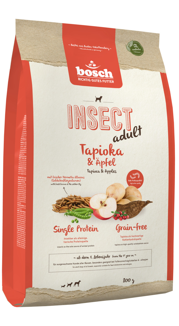 bosch INSECT adult, getreidefreies Alleinfutter, Insektenprotein, Tapioka & Apfel, für erwachsene Hunde aller Rassen, 800 g.