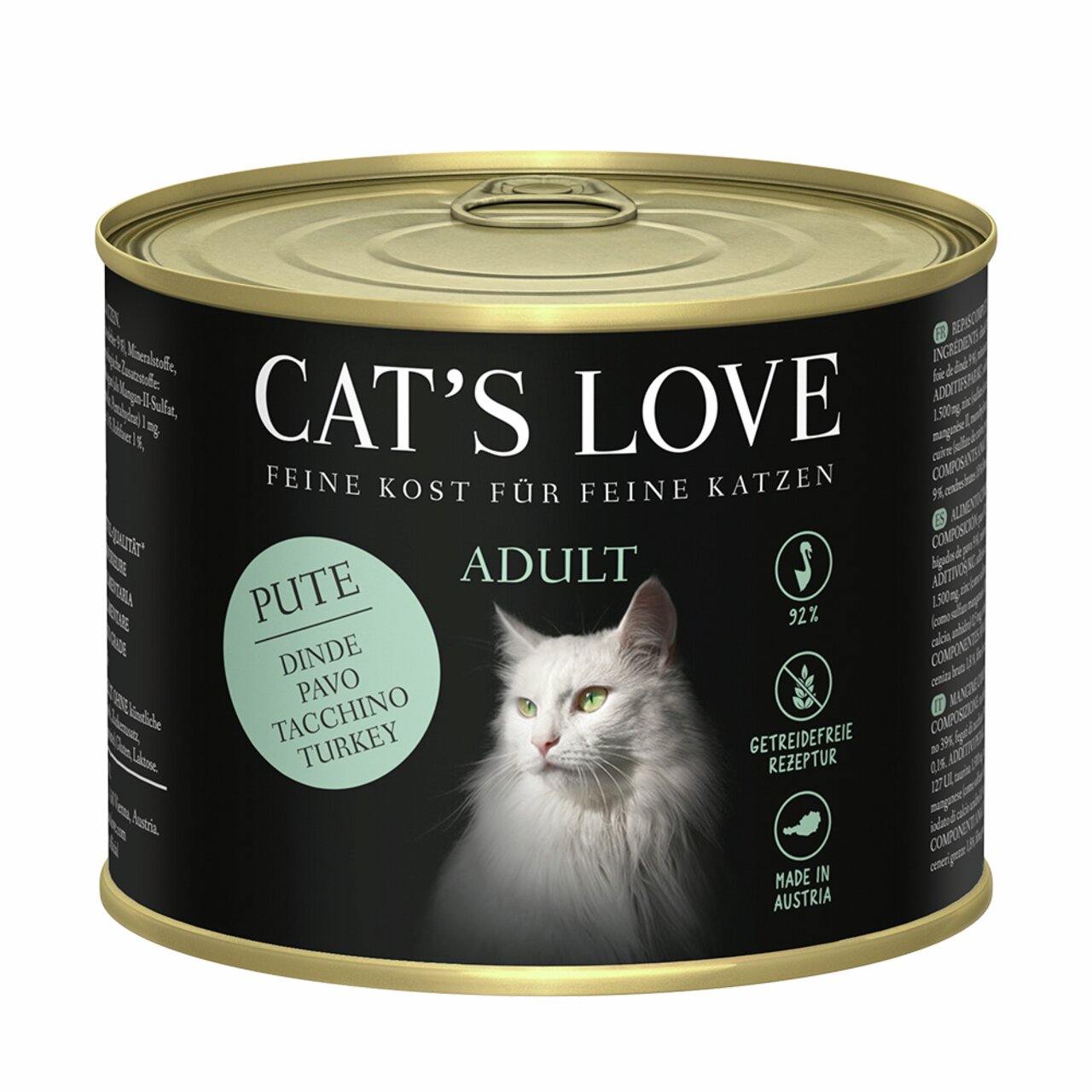 Cat's Love Adult Katzenfutter, Geschmacksrichtung Pute, getreidefrei, 200 g, für ausgewachsene Katzen, hergestellt in Österreich.