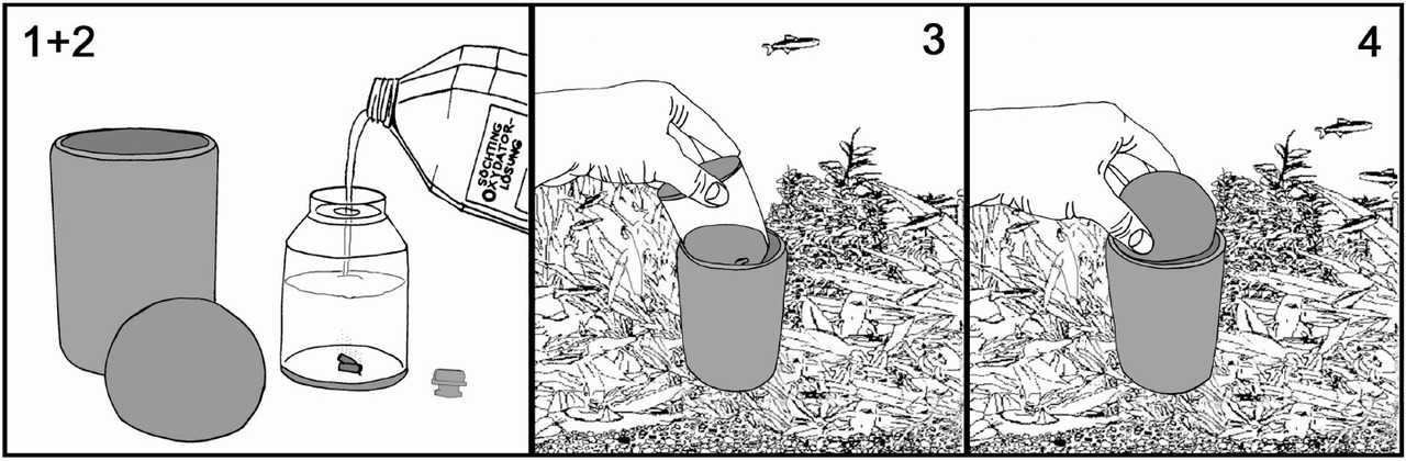 Das Bild zeigt eine Schritt-für-Schritt-Anleitung zur Verwendung des Söchting Oxydators. Im ersten Schritt wird Flüssigkeit aus einer Flasche in einen Behälter gegossen. Im zweiten Schritt wird ein kleiner Katalysator hinzugefügt. Danach wird der Behälter