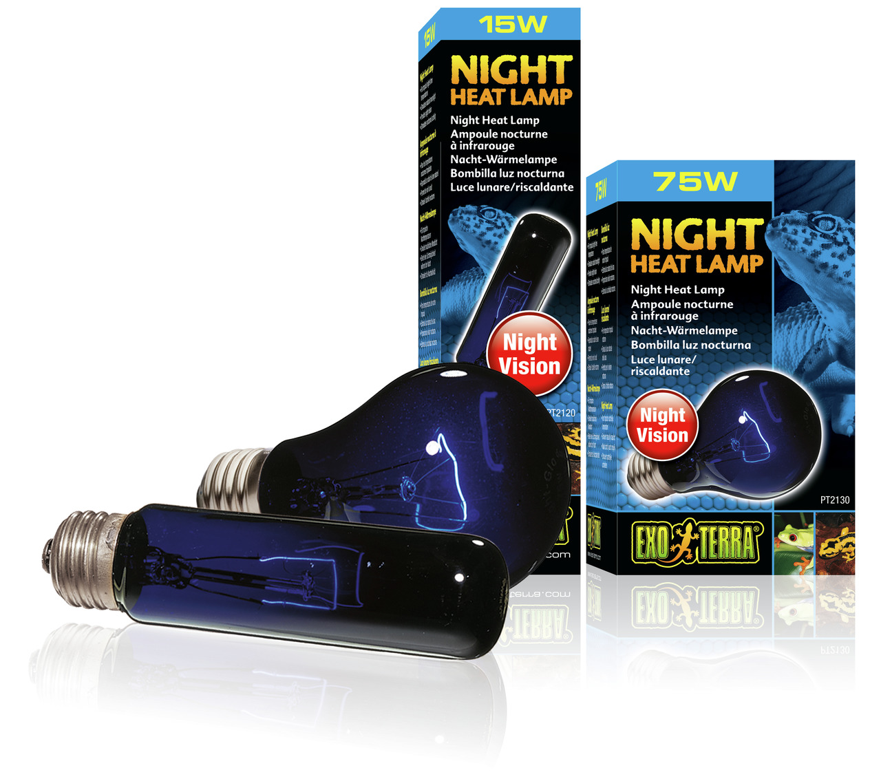 Das Bild zeigt zwei Exo Terra Night Heat Lampen in den Varianten 15 Watt und 75 Watt, zusammen mit ihren Verpackungen. Diese Nacht-Wärmelampen sind speziell für Reptilien und Amphibien entwickelt und fördern eine optimale Nachtsicht. Die Lampen sind in ei