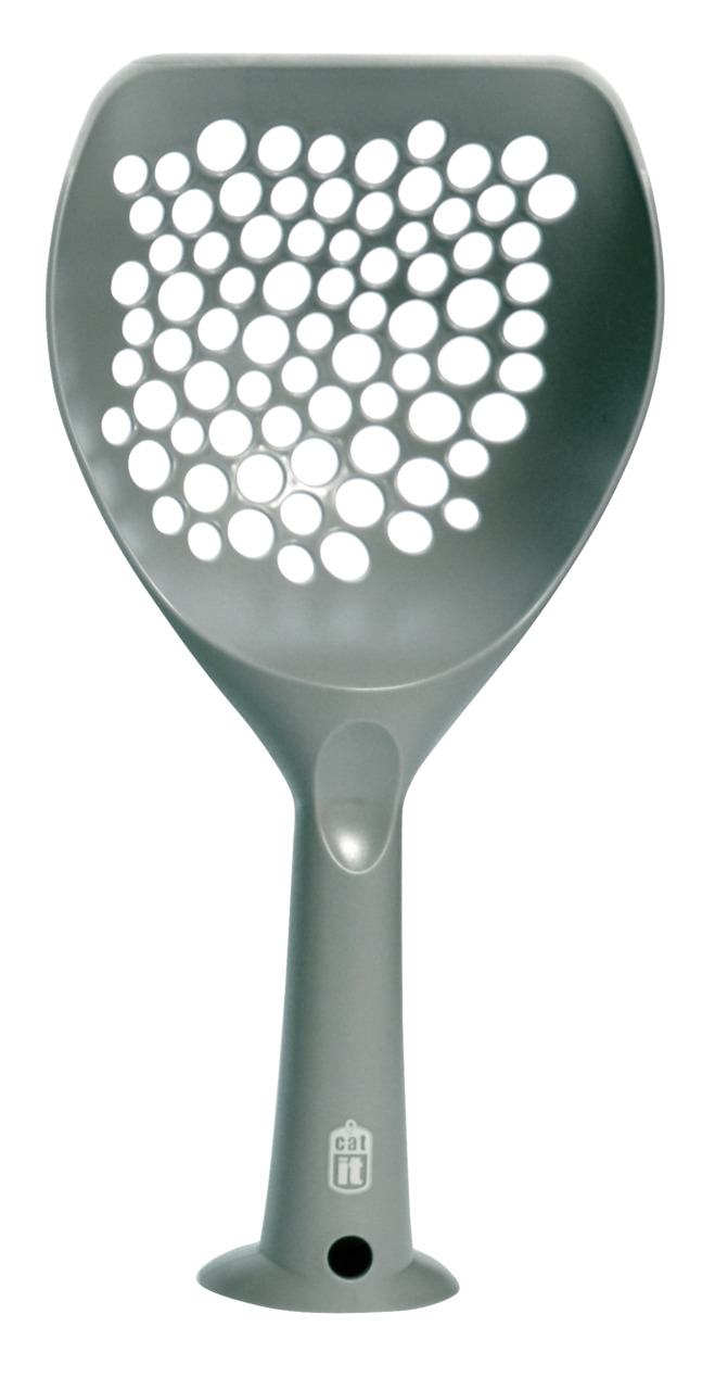 Catit Katzenschaufel, grau, ergonomisch, große Löcher für Klumpstreu, stabiler Griff mit Logo – ideal für saubere Katzentoilette.