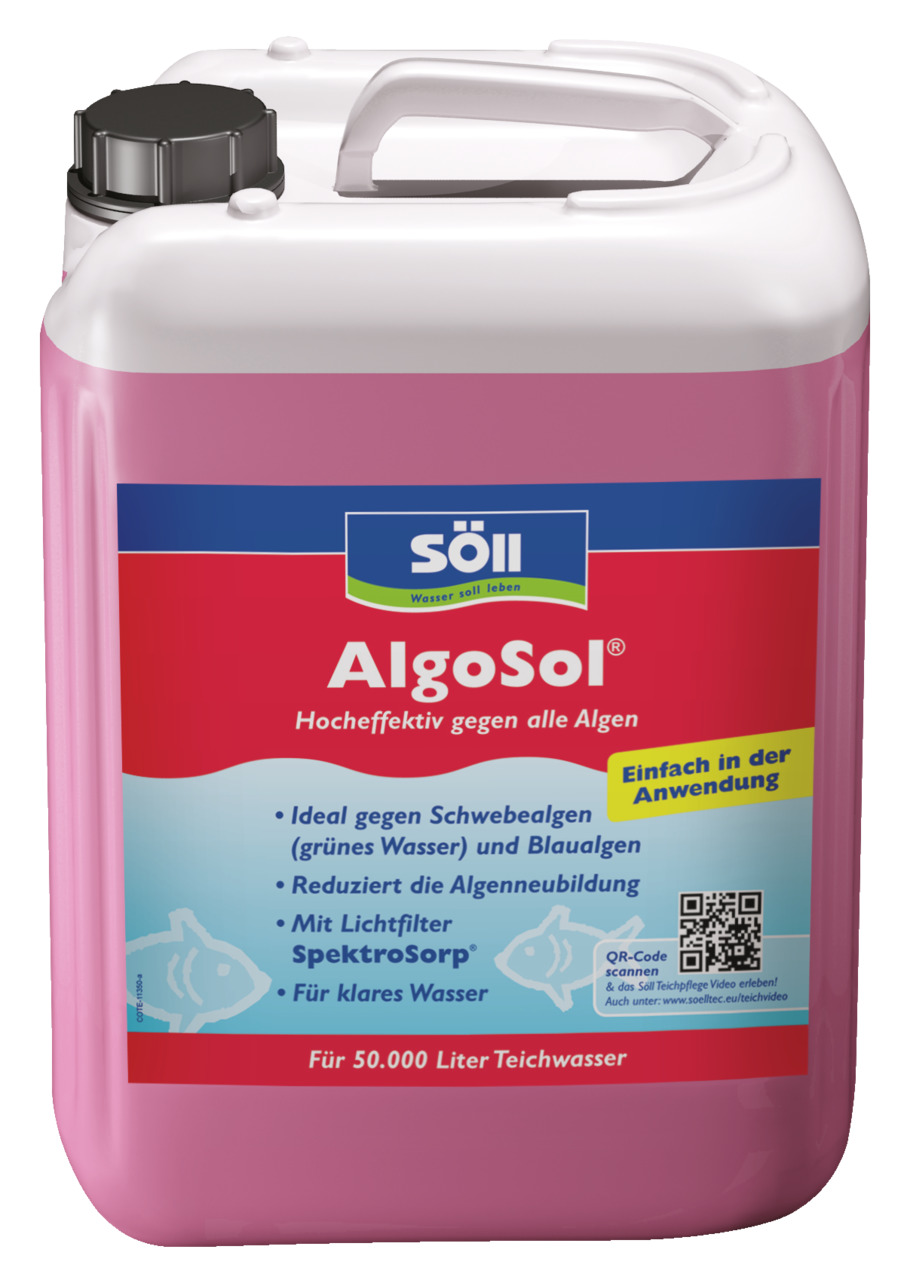 Söll AlgoSol, Teichpflege, gegen Schwebe--Blaualgen, mit SpektroSorp, 5 L, für bis zu 50.000 L Teichwasser, klares Wasser.