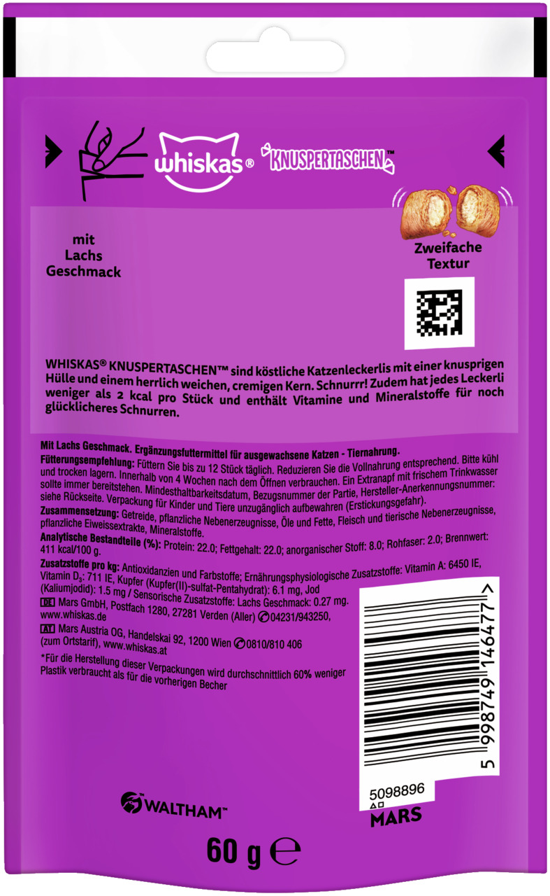 Whiskas Knuspertaschen, Katzensnack, Lachs, knusprig/weich, 
