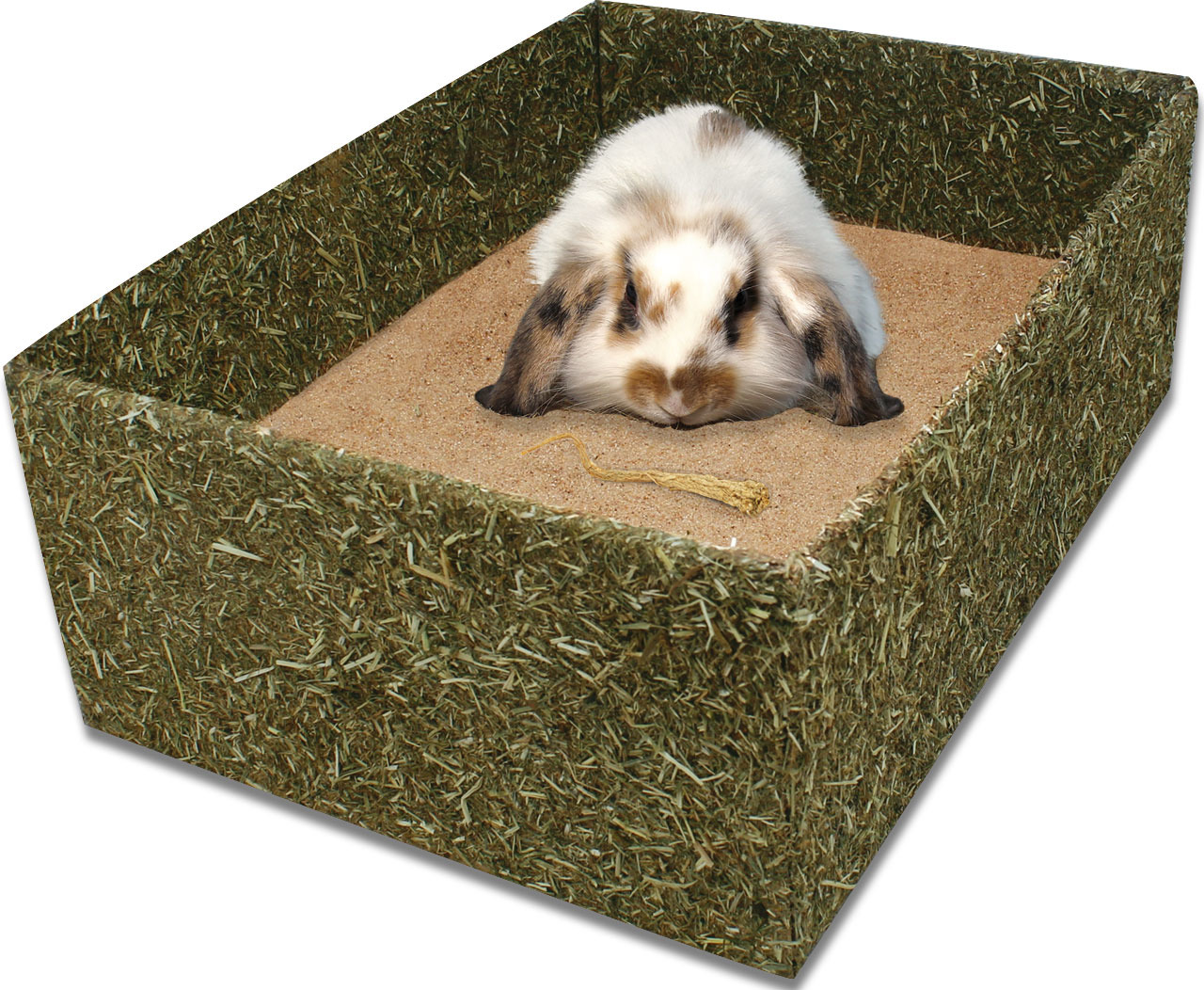 Das Bild zeigt das Produkt "JR FARM Heu-Snack-Box" für Kleintiere wie Kaninchen. Die Box besteht aus essbarem Heu und ist mit Sand gefüllt, ideal für Nager zum Buddeln und Knabbern. Ein Kaninchen liegt entspannt in der Box. Perfekt für artgerechte Beschäf