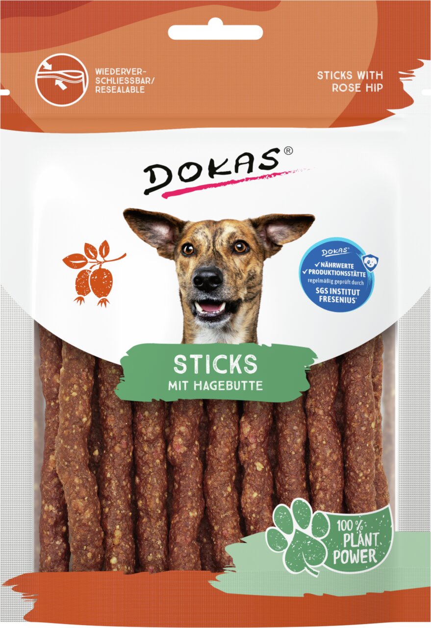 Wiederverwendbare Verpackung von DOKAS Sticks mit Hagebutte für Hunde, vegan, 100 % pflanzlich, geprüft durch SGS, 70 g.