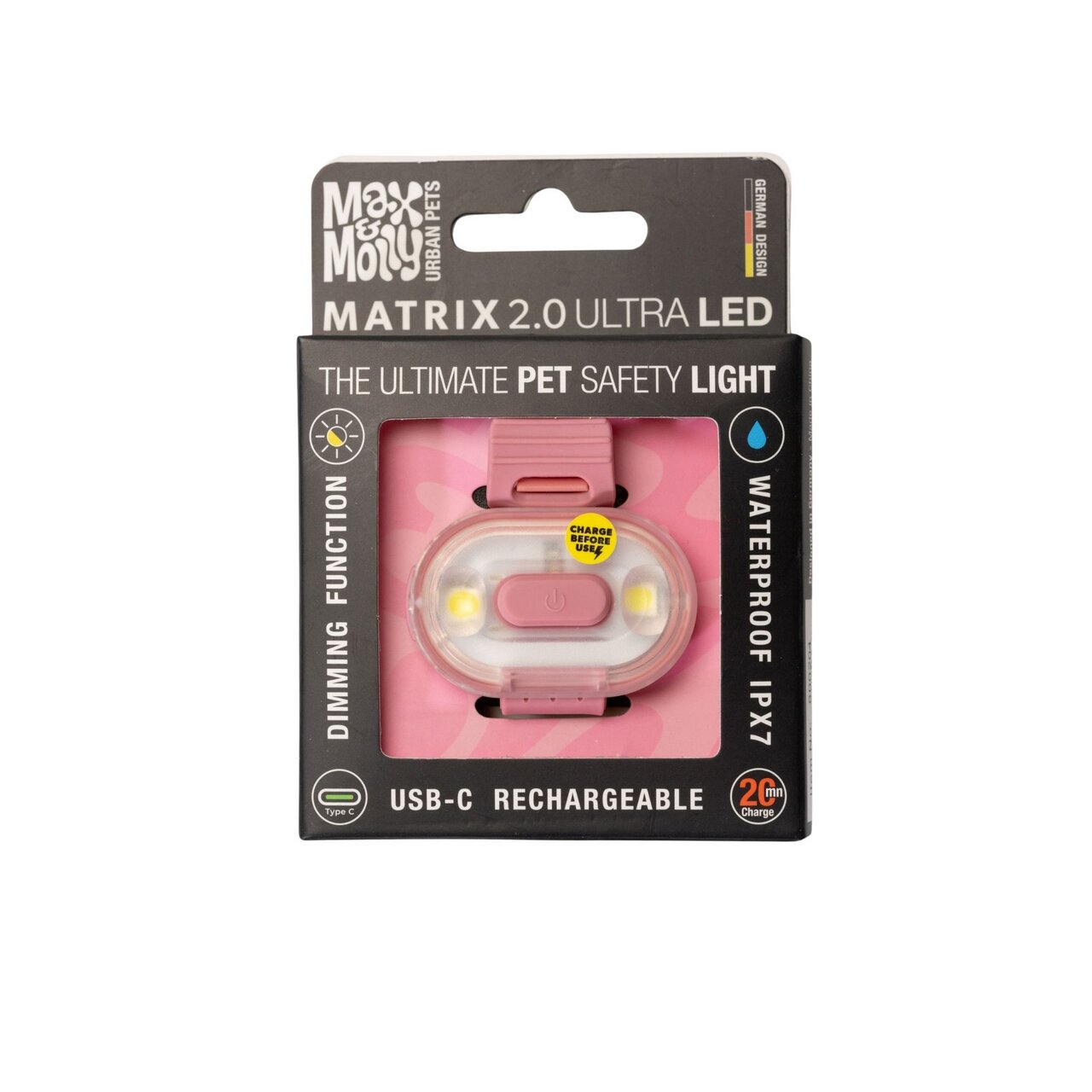 Max & Molly Matrix 2.0 Ultra LED, rosa Sicherheitsleuchte f. Hundehalter, wasserdicht (IPX7), USB-C, 2h Leuchtdauer, dimmbar.