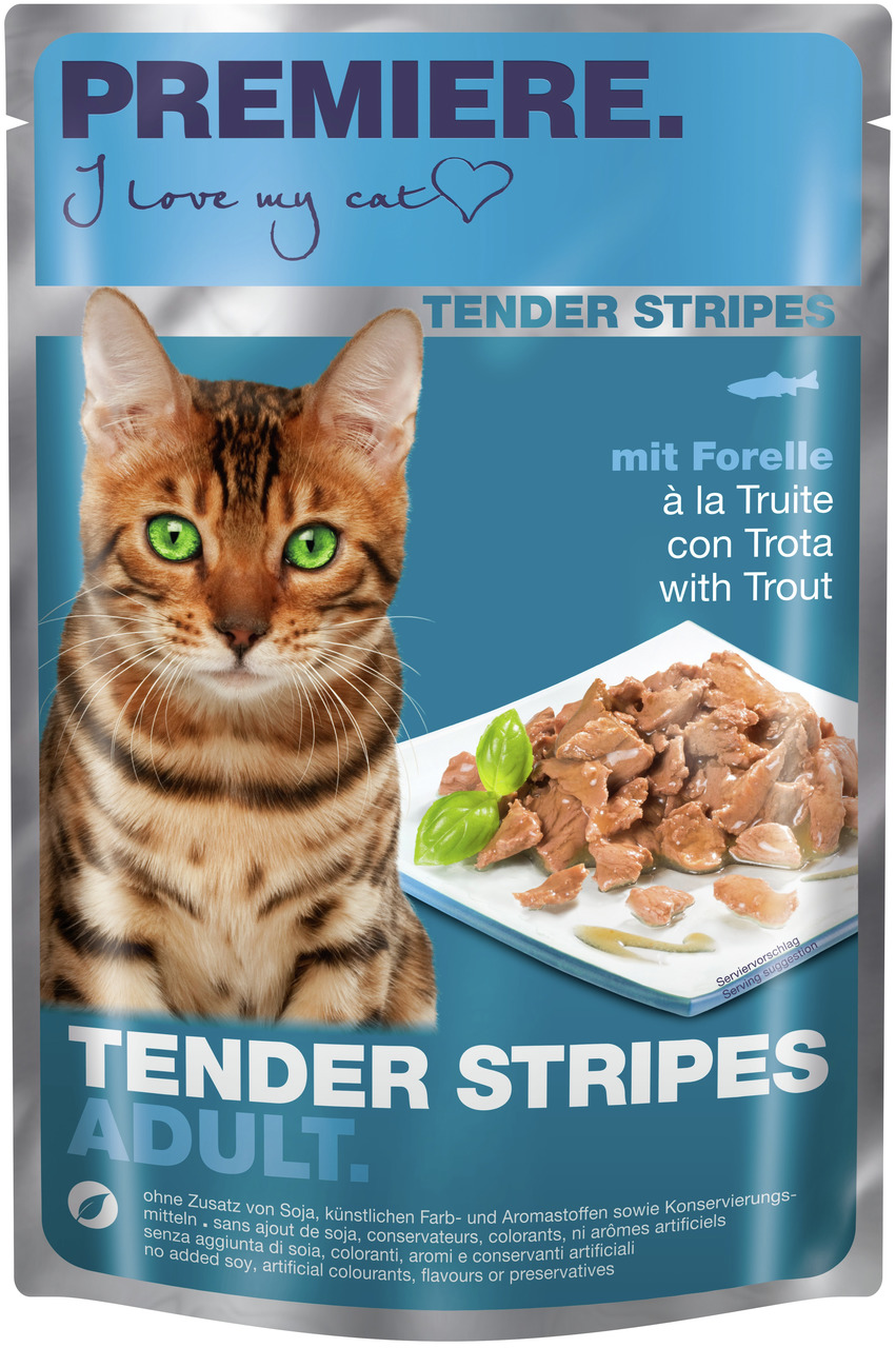 PREMIERE Tender Stripes Adult, Forelle, für erw. Katzen, ohne Soja, künstl. Farb-/Aroma-/Konservierungsstoffe, Bengal-Katze, Serviervorschlag.