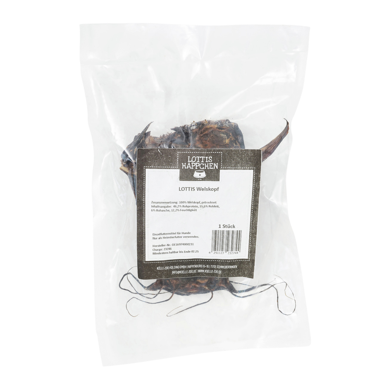 Das Bild zeigt das Produkt "Lottis Häppchen Lottis Welskopf", ein Einzelfuttermittel für Hunde. Es handelt sich um einen getrockneten Welskopf, der zu 100 % aus Fisch besteht. Die Verpackung enthält 1 Stück und ist transparent, sodass der Inhalt sichtbar 